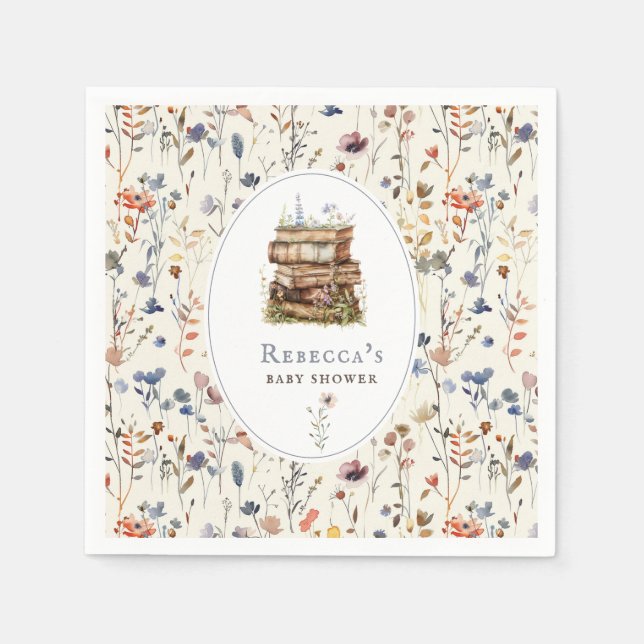 Bücherstapel Babydusche Wasserfarbe, Wildblume Serviette (Vorderseite)
