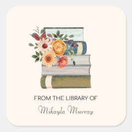Bücherstapel mit Blume Personalisiertes Buchzeiche Quadratischer Aufkleber