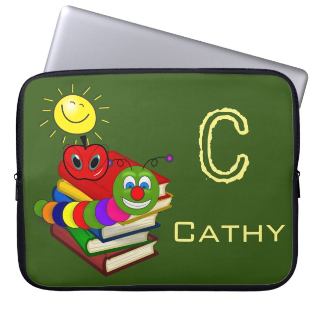 Bücherwurm, Bücher, Apfel, Grün Laptopschutzhülle (Vorderseite)