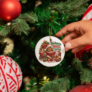Bücherwurm und Wiener Weihnachts-Dachshund-Buchlie Keramik Ornament