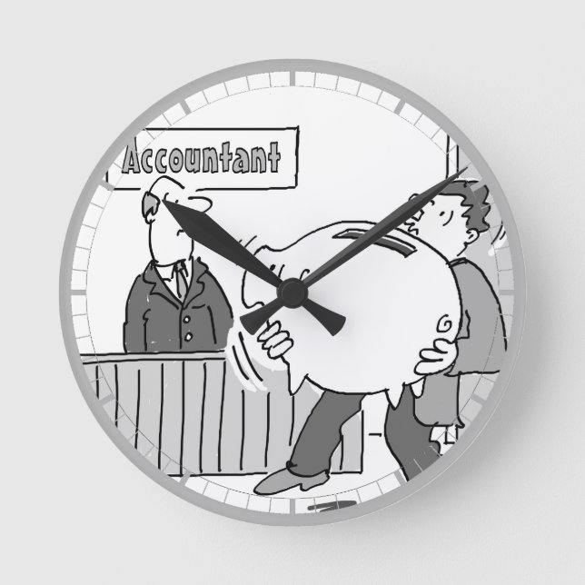 Buchhalterkunde mit riesiger Piggy Bank Runde Wanduhr (Vorderseite)