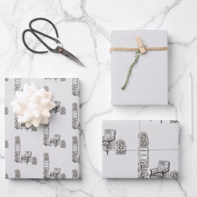 Buchliebhaber Ecke Wrapping Paper Sheet Geschenkpapier Set (Vorderseite)