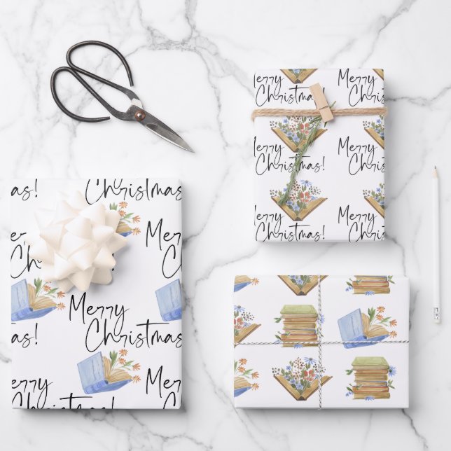 Buchliebhaber Frohe Weihnachten Geschenkpapier Set (Vorderseite)