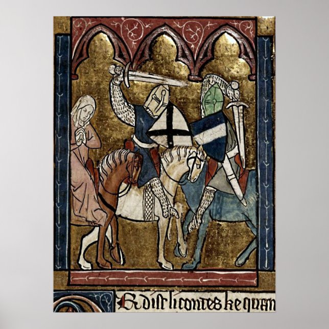 Buchmalerei Mittelalter Ritterschutz von Raubritte Poster (Vorne)