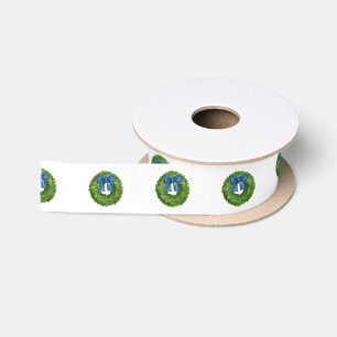 Buchsbaum-Grüner Kranz mit Blauem Band  Satinband