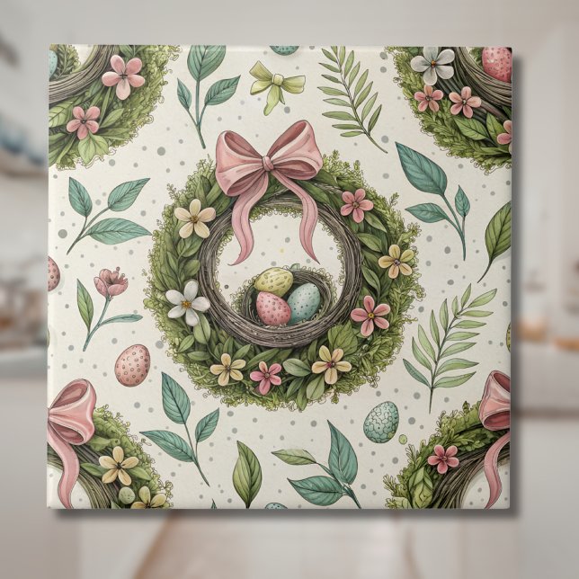 Buchsbaum-Osterkranz rosa Schleife mit Ei Fliese (Von Creator hochgeladen)