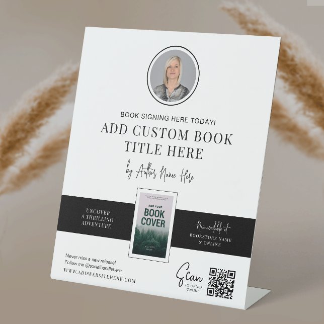 Buchsignaturereignis trifft den QR-Code des Autors Sockelschild (Modern black and white Book Promotion table top sign design with your custom photos and text)