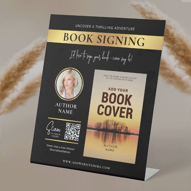 Buchsignierung Buchcover Autor Foto Black & Gold Sockelschild (Modern black and gold Book Signing Promotional pedestal sign design with your custom photos and text)