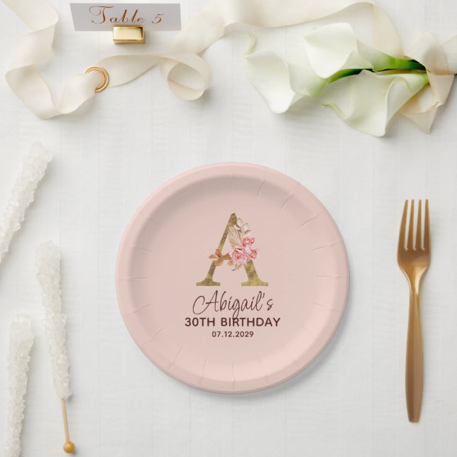 Buchstabe A Gold Monogramm Blush Rosa Rosen Pappteller (Hochzeit)