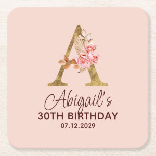 Buchstabe A Gold Monogramm Blush Rosa Rosen Rechteckiger Pappuntersetzer
