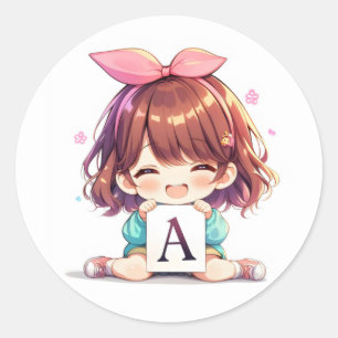 Buchstabe A Lächeln Süß Anime Mädchen Runder Aufkleber