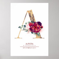 Buchstabe A Monogramm Floral Burgunderrot und Gold