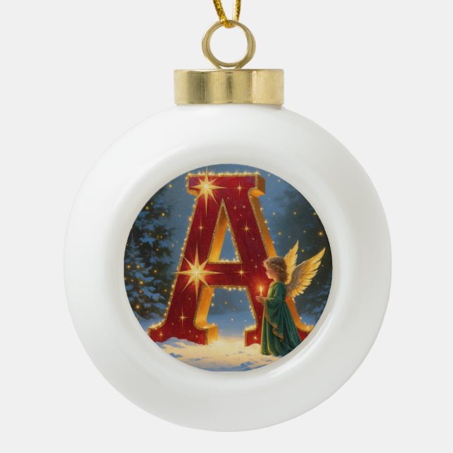 Buchstabe A Weihnachtsengel Personalisierter Anfan Keramik Kugel-Ornament (Vorderseite)