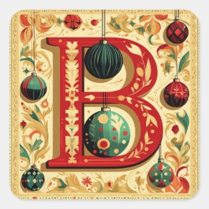 Buchstabe B mit Gold und Rot zu Weihnachten Quadratischer Aufkleber
