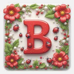🐞 Buchstabe B Rote Marienkäfer Mohn Perlen Quadratischer Aufkleber