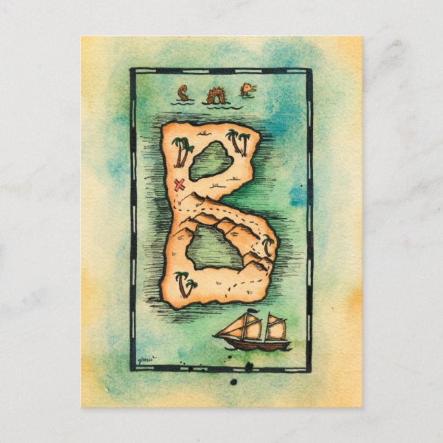 Buchstabe B Schatzkarte Postkarte (Vorderseite)