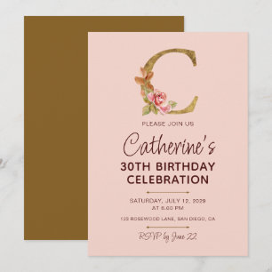 Buchstabe C Gold Monogramm Blush Rosa Rosen Einladung