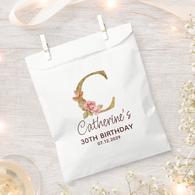 Buchstabe C Gold Monogramm Blush Rosa Rosen Geschenktütchen (Ausgeschnitten)