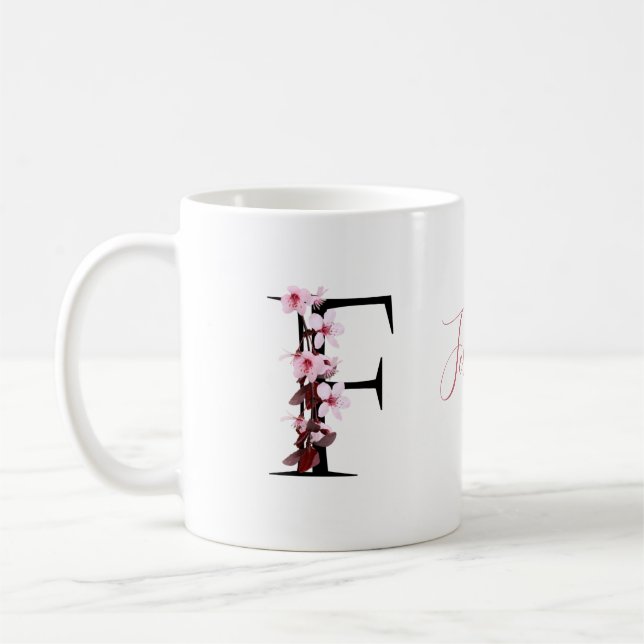 Buchstabe F, Cherry Blossom | Monogramm-Skriptname Kaffeetasse (Links)