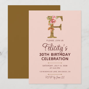 Buchstabe F Gold Monogramm Blush Rosa Rosen Einladung