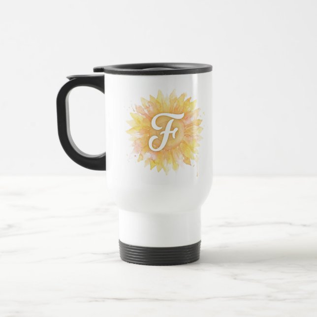 Buchstabe F Sonnenblume Vorname Monogramm Initiale Reisebecher (Links)