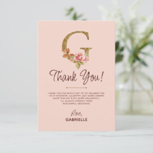 Buchstabe G Gold Monogramm Blush Rosa Rosen Dankeskarte