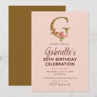 Buchstabe G Gold Monogramm Blush Rosa Rosen Einladung