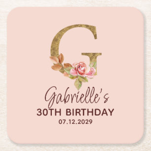 Buchstabe G Gold Monogramm Blush Rosa Rosen Rechteckiger Pappuntersetzer