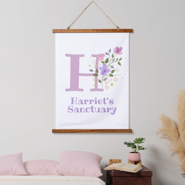 Buchstabe H plus Vorname mit Blumenmuster Wandteppich Mit Holzrahmen (Schlafzimmer)