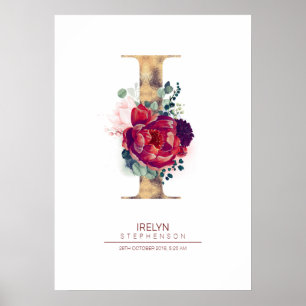 Buchstabe I Monogramm Floral Burgunderrot und Gold Poster