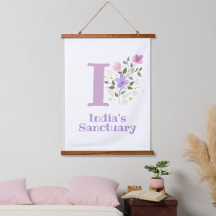 Buchstabe I plus Vorname mit floralem Design Wandteppich Mit Holzrahmen