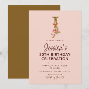 Buchstabe J Gold Monogramm Blush Rosa Rosen Einladung