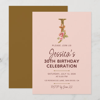 Buchstabe J Gold Monogramm Blush Rosa Rosen Einladung