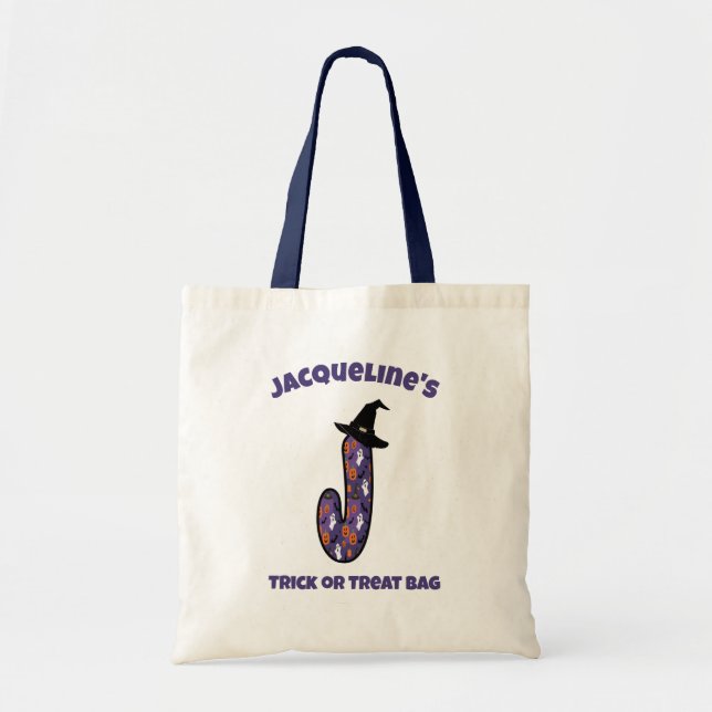 Buchstabe J mit Hexenhut und Name | Trick oder Tre Tragetasche (Vorne)