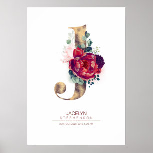 Buchstabe J Monogramm floral burgunderrot und gold Poster
