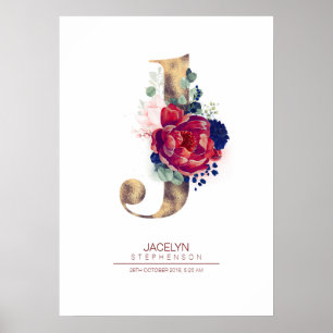 Buchstabe J Monogramm floral navyblau und burgunde Poster