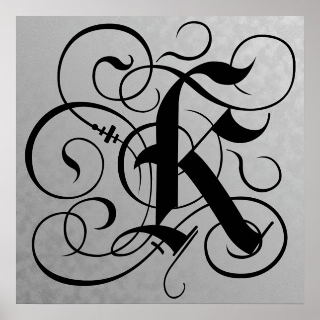 Buchstabe K, schwarzes, gotisches Monogramm Poster (Vorne)