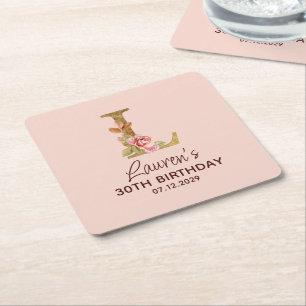 Buchstabe L Gold Monogramm Blush Rosa Rosen Rechteckiger Pappuntersetzer