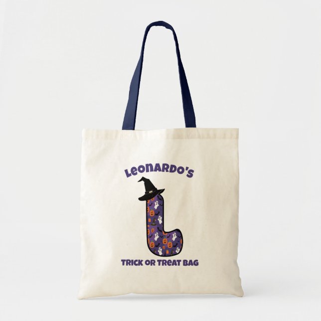 Buchstabe L mit Hexenhut und Name | Trick oder Tre Tragetasche (Vorne)
