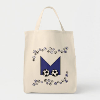 Buchstabe M Fußball-in der blauen Monogramm-Tasche Tragetasche
