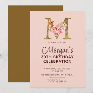 Buchstabe M Gold Monogramm Blush Rosa Rosen Einladung