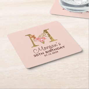 Buchstabe M Gold Monogramm Rosa Rosen Rechteckiger Pappuntersetzer