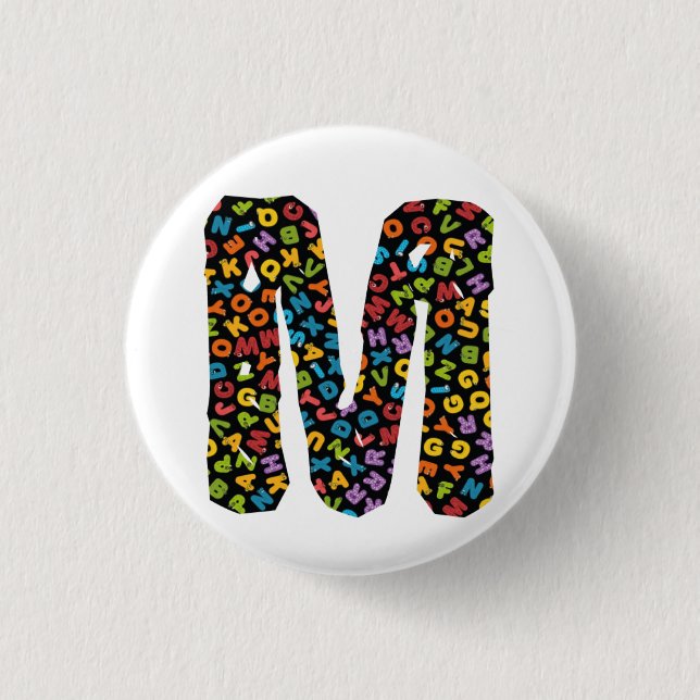 Buchstabe M mit Alphabet verziert Button (Vorderseite)