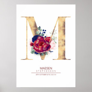 Buchstabe M Monogramm floral navyblau und burgunde Poster
