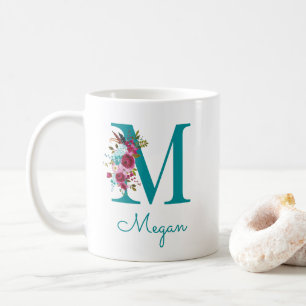 Buchstabe M Türkis Rosa Floral Kaffeetasse