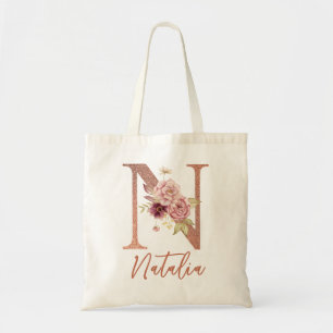 Buchstabe N Blush rosa Glitter Blumen-Monogramm Tragetasche