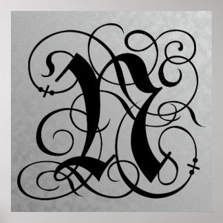 Buchstabe N, gotisches Monogramm-Schwarzes Plakat