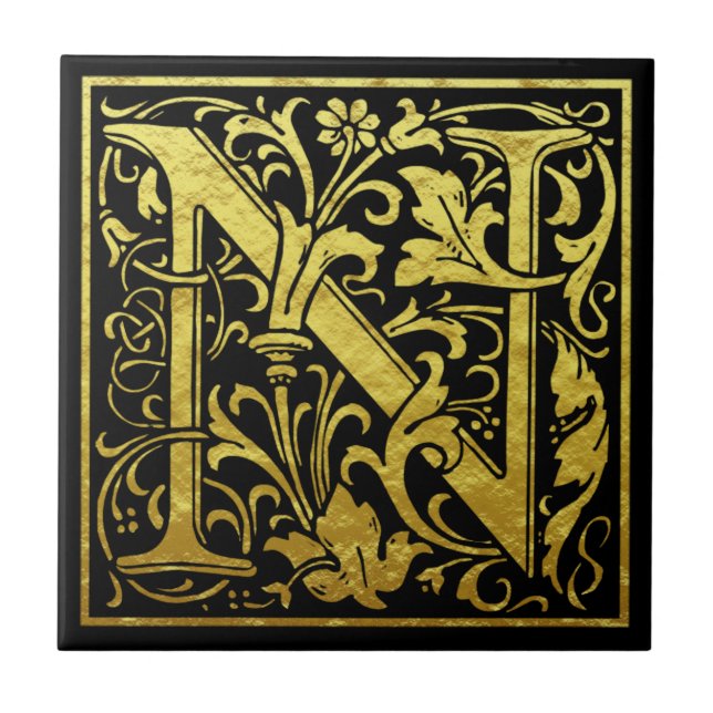 Buchstabe N Imitat Gold Schwarz Fliese (Vorderseite)