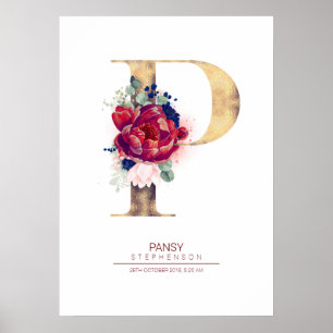 Buchstabe P Monogramm Floral Navyblau und Burgund Poster