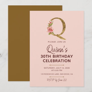 Buchstabe Q Gold Monogramm Blush Rosa Rosen Einladung